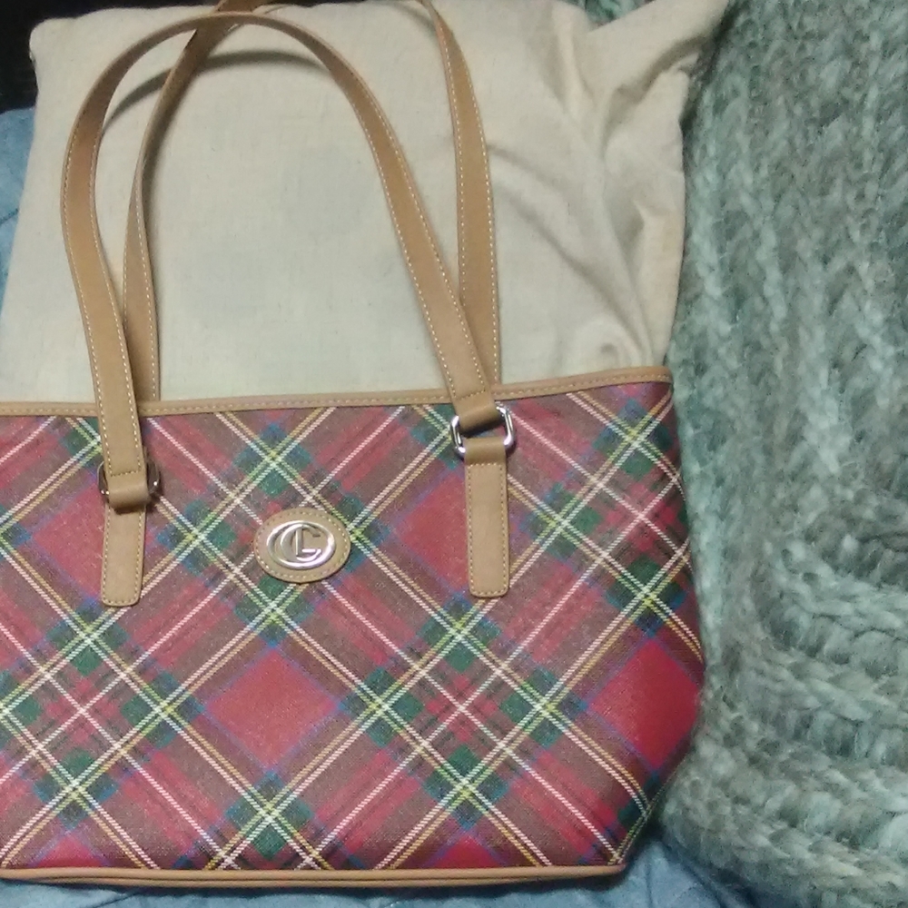 Red Designer multi color strip tote purse